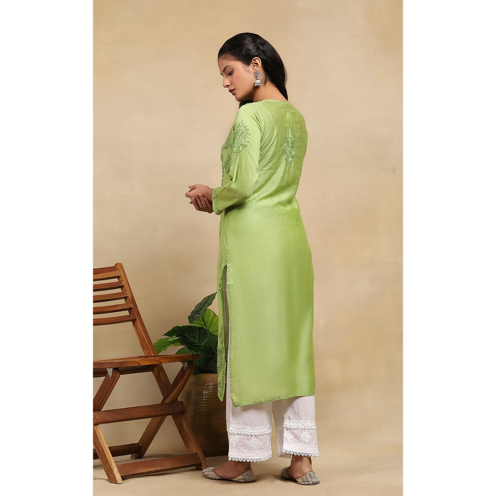 House of Chikankari Chanderi Chikankari Womens Long Kurta- Light Green