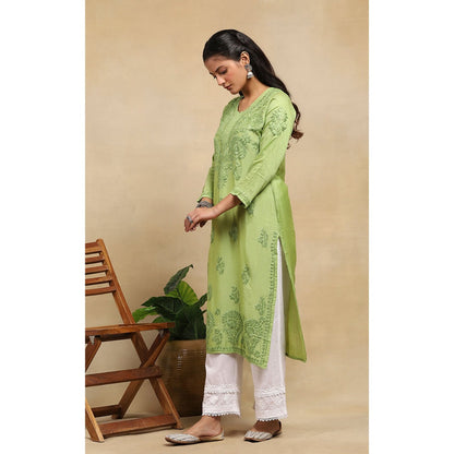 House of Chikankari Chanderi Chikankari Womens Long Kurta- Light Green