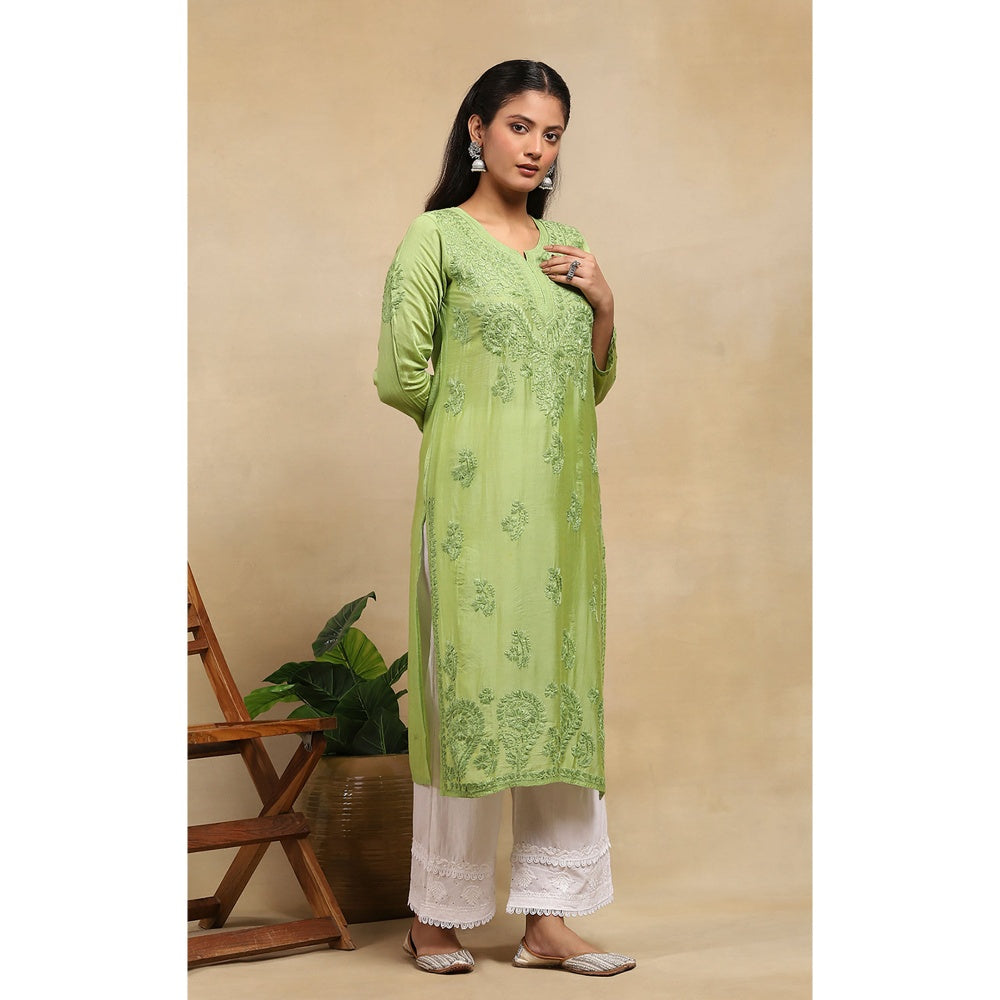 House of Chikankari Chanderi Chikankari Womens Long Kurta- Light Green