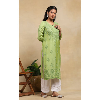 House of Chikankari Chanderi Chikankari Womens Long Kurta- Light Green