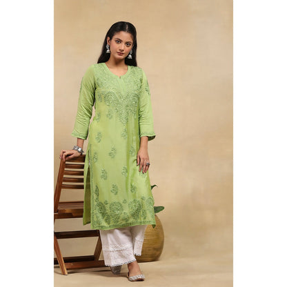 House of Chikankari Chanderi Chikankari Womens Long Kurta- Light Green