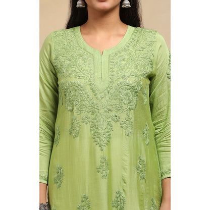 House of Chikankari Chanderi Chikankari Womens Long Kurta- Light Green