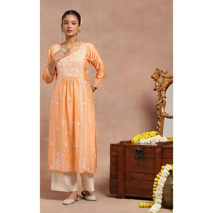 House of Chikankari Chanderi Chikankari Womens Long Kurta- Orange