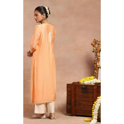 House of Chikankari Chanderi Chikankari Womens Long Kurta- Orange