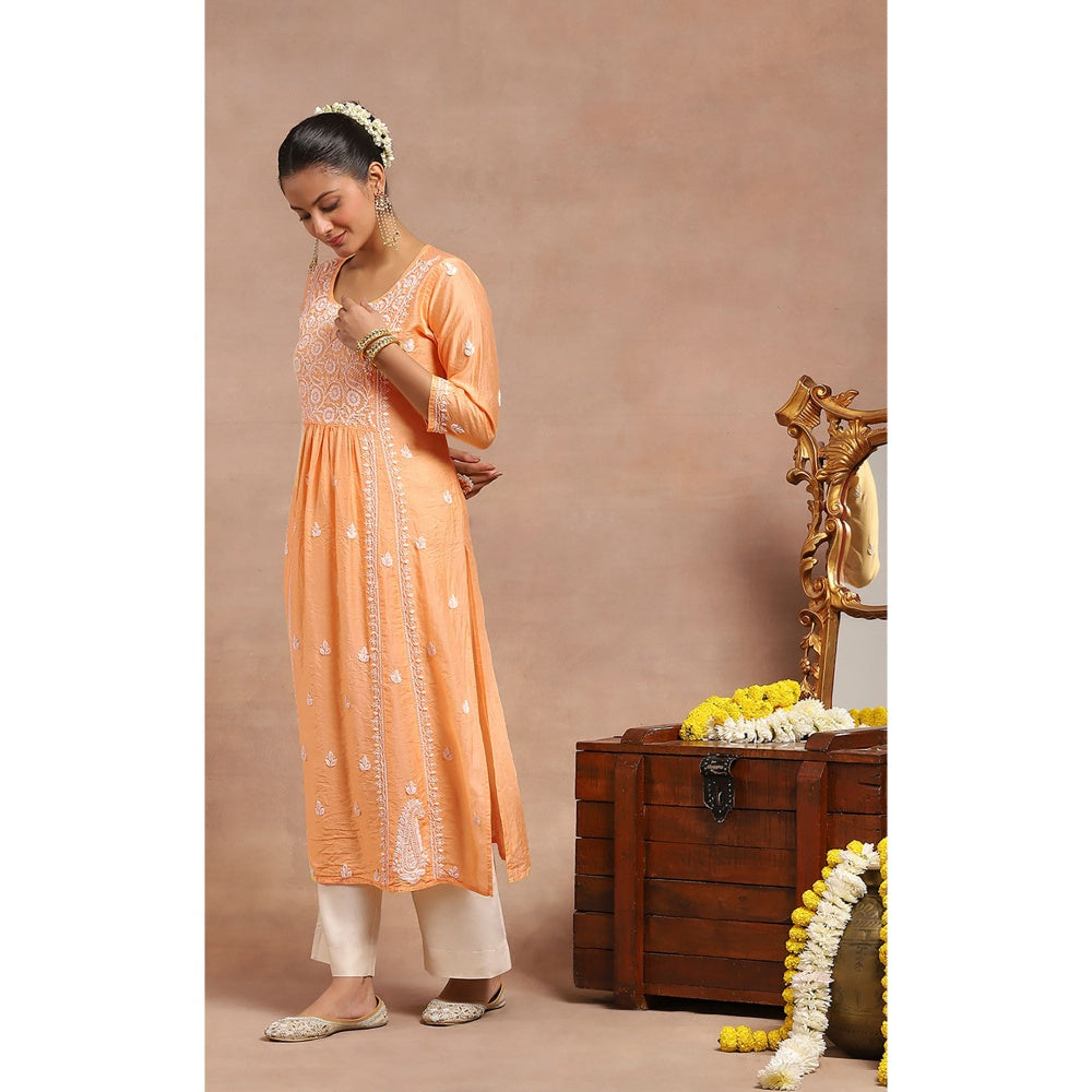 House of Chikankari Chanderi Chikankari Womens Long Kurta- Orange