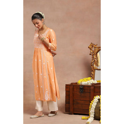 House of Chikankari Chanderi Chikankari Womens Long Kurta- Orange