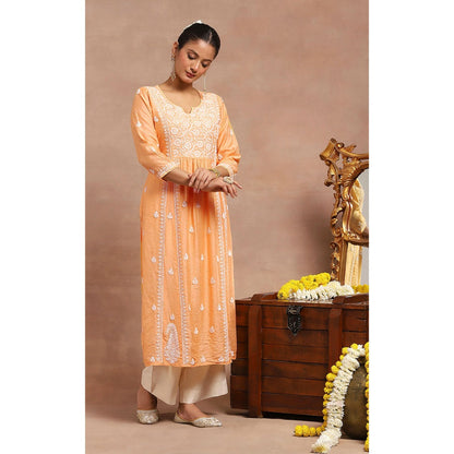 House of Chikankari Chanderi Chikankari Womens Long Kurta- Orange