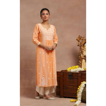 House of Chikankari Chanderi Chikankari Womens Long Kurta- Orange