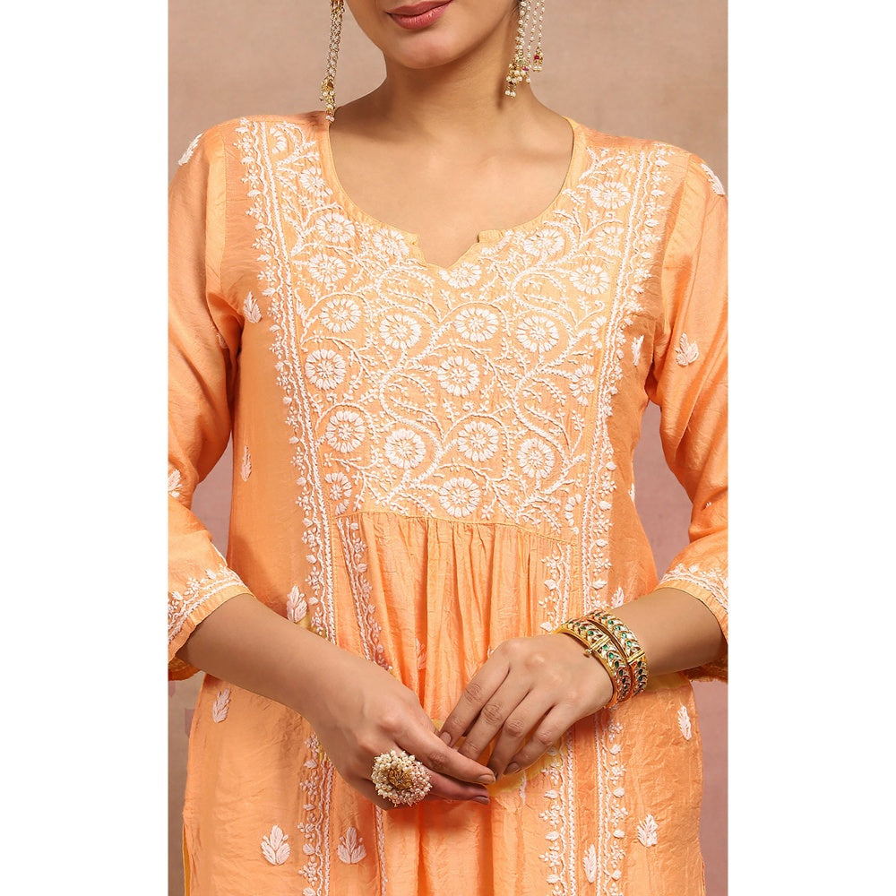 House of Chikankari Chanderi Chikankari Womens Long Kurta- Orange