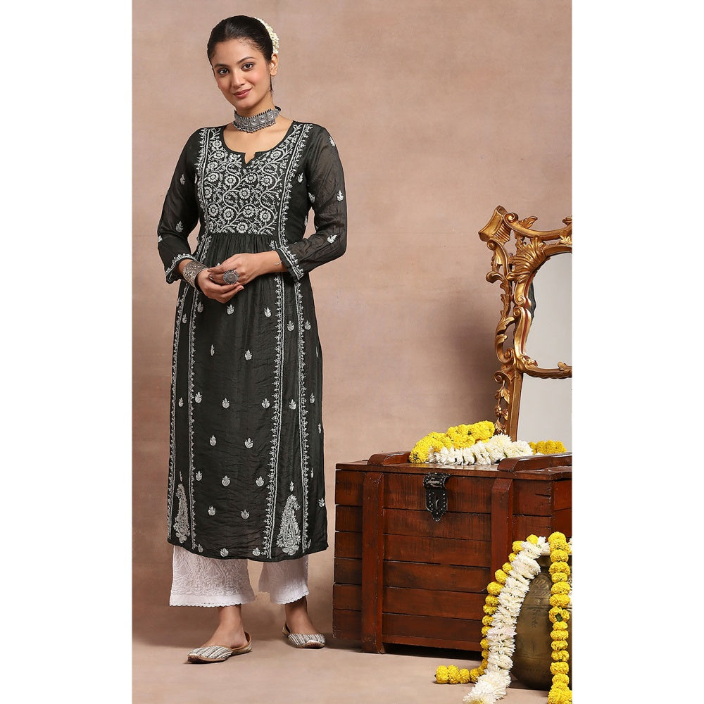 House of Chikankari Chanderi Chikankari Womens Long Kurta- Black