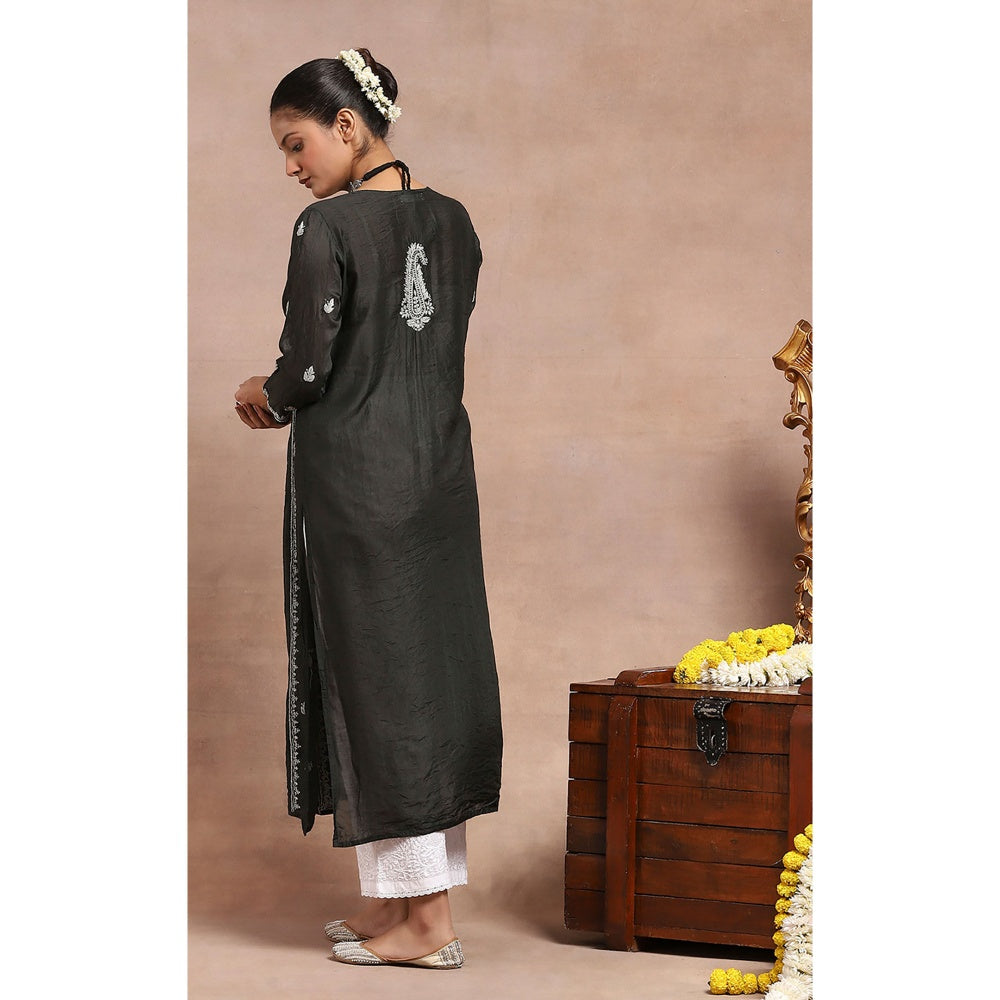 House of Chikankari Chanderi Chikankari Womens Long Kurta- Black