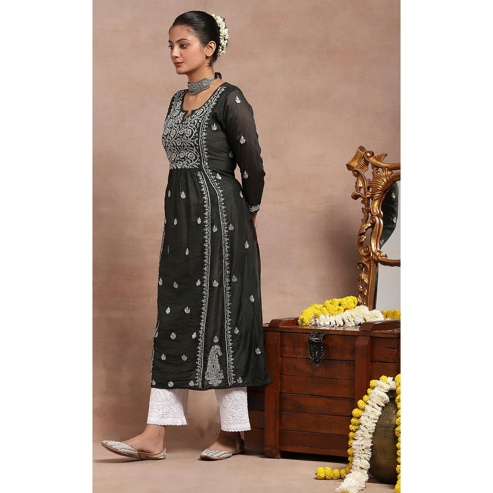 House of Chikankari Chanderi Chikankari Womens Long Kurta- Black