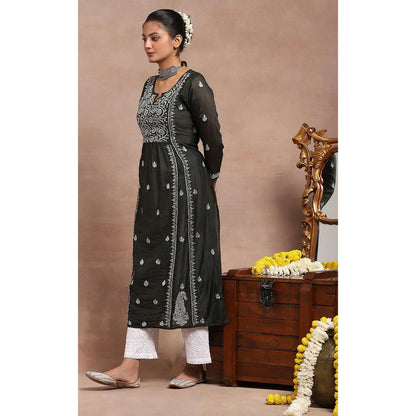 House of Chikankari Chanderi Chikankari Womens Long Kurta- Black