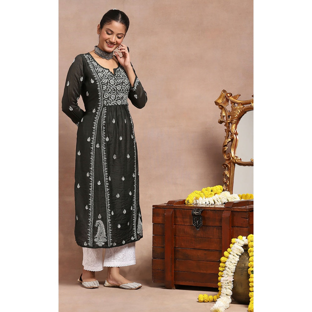 House of Chikankari Chanderi Chikankari Womens Long Kurta- Black