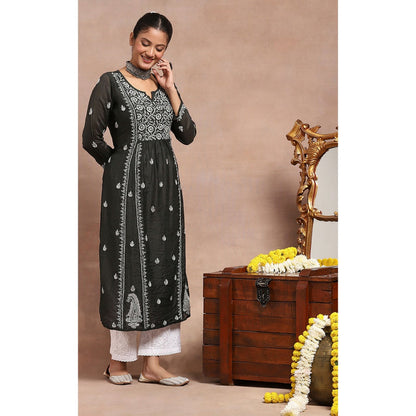 House of Chikankari Chanderi Chikankari Womens Long Kurta- Black