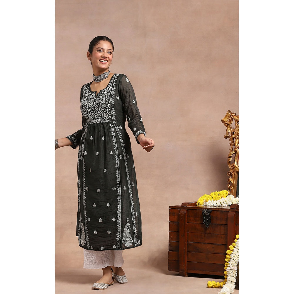 House of Chikankari Chanderi Chikankari Womens Long Kurta- Black