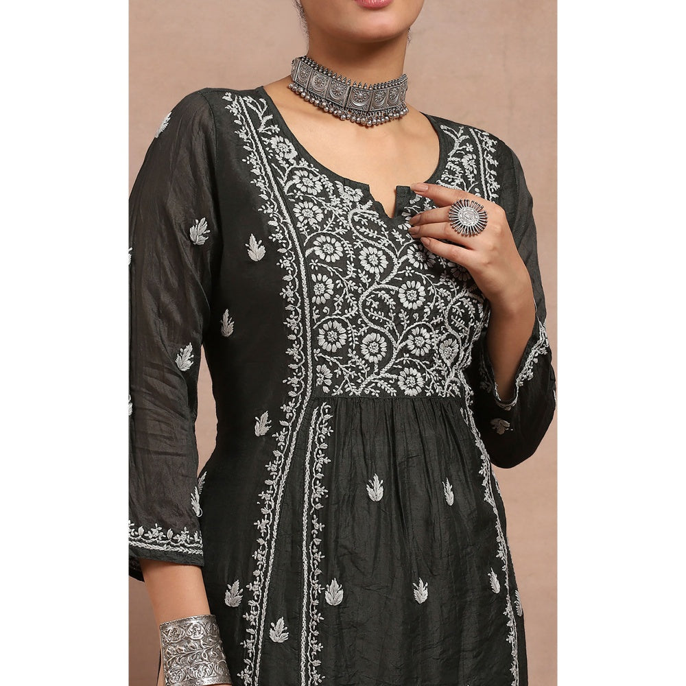 House of Chikankari Chanderi Chikankari Womens Long Kurta- Black