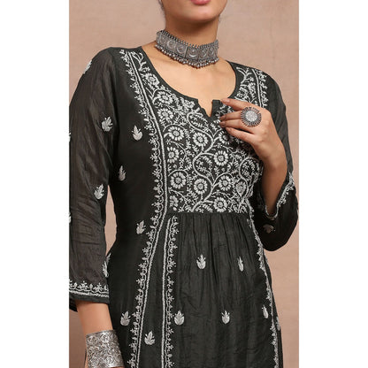 House of Chikankari Chanderi Chikankari Womens Long Kurta- Black