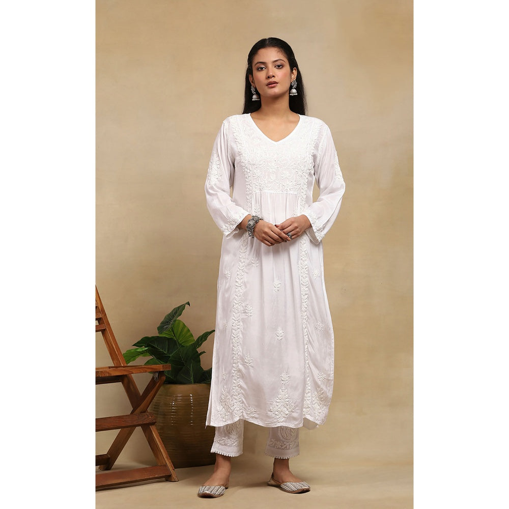 House of Chikankari Muslin Chikankari Womens Long Kurta - White