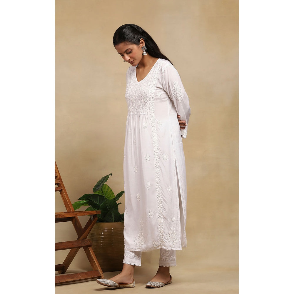 House of Chikankari Muslin Chikankari Womens Long Kurta - White