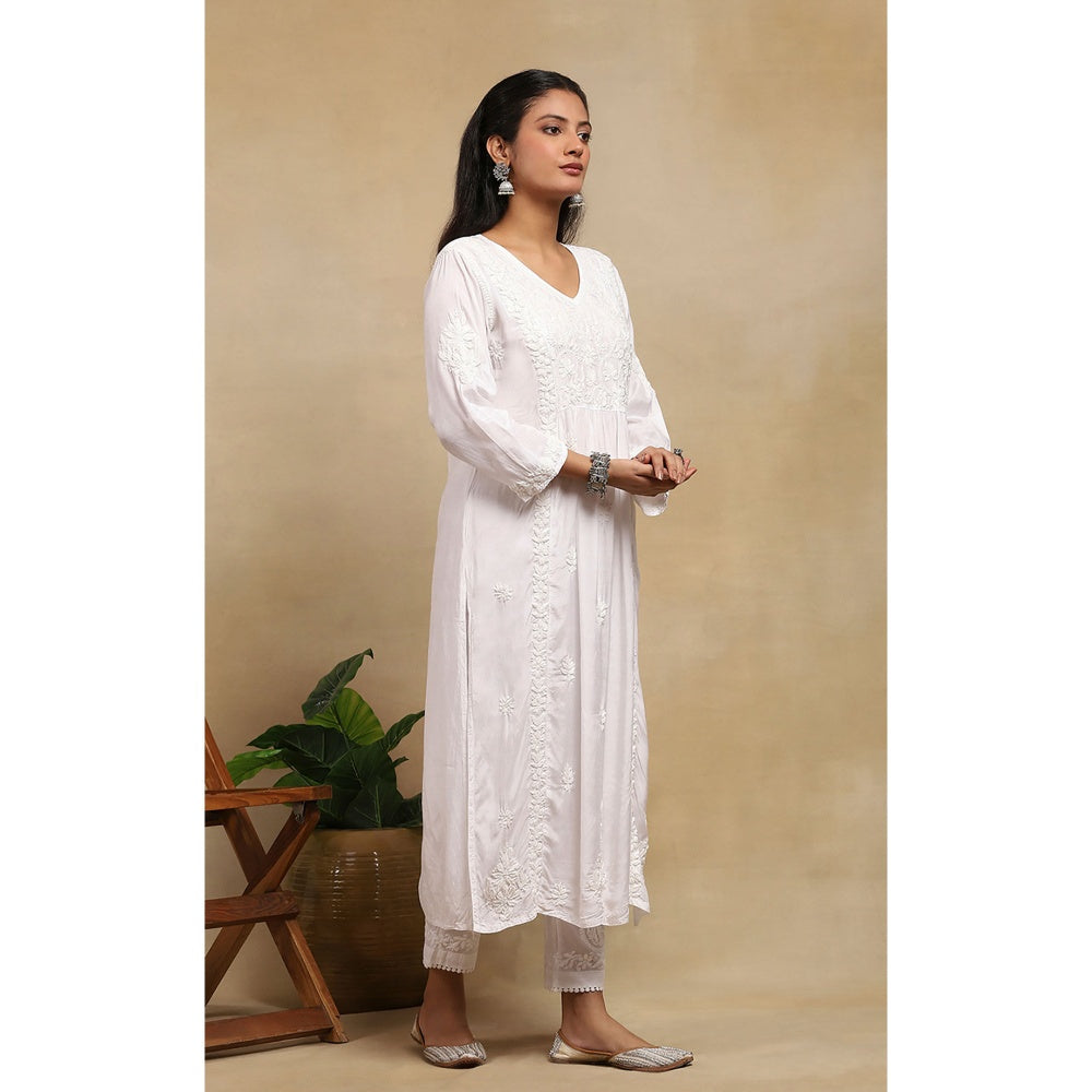 House of Chikankari Muslin Chikankari Womens Long Kurta - White