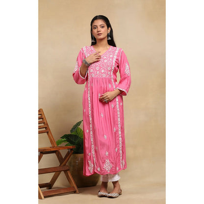 House of Chikankari Muslin Chikankari Womens Long Kurta - Pink