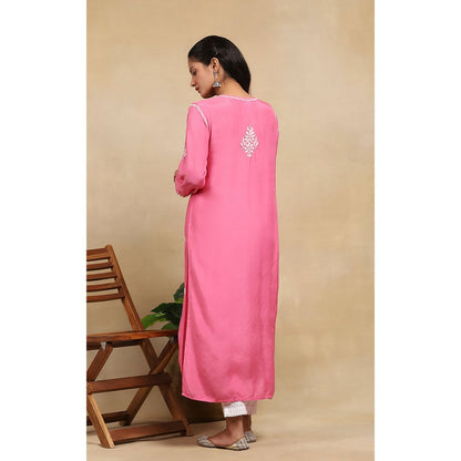 House of Chikankari Muslin Chikankari Womens Long Kurta - Pink