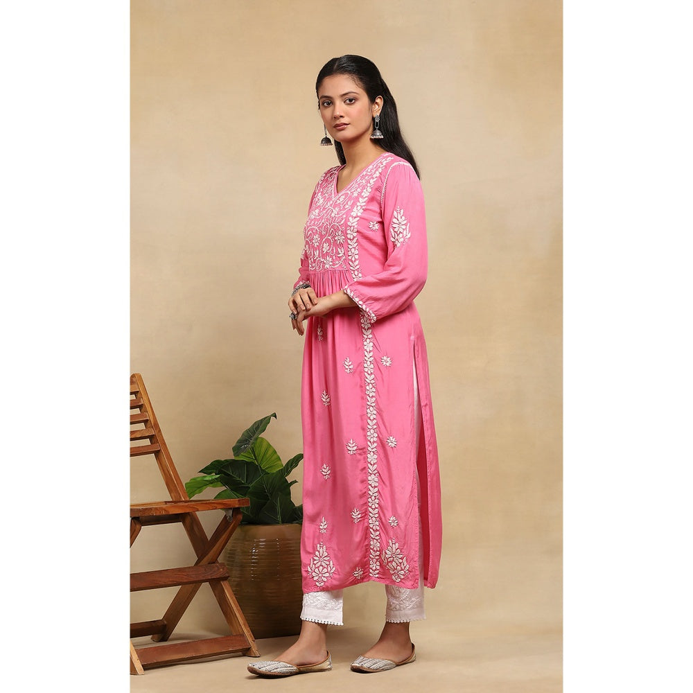 House of Chikankari Muslin Chikankari Womens Long Kurta - Pink