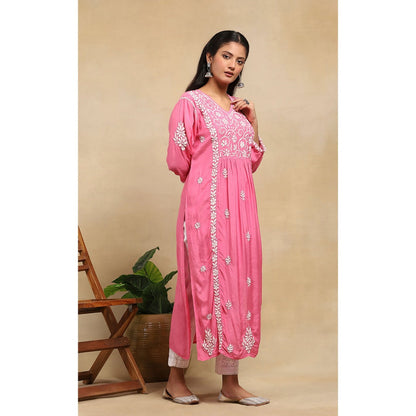 House of Chikankari Muslin Chikankari Womens Long Kurta - Pink