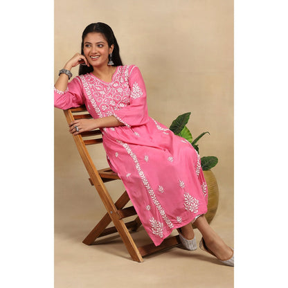 House of Chikankari Muslin Chikankari Womens Long Kurta - Pink