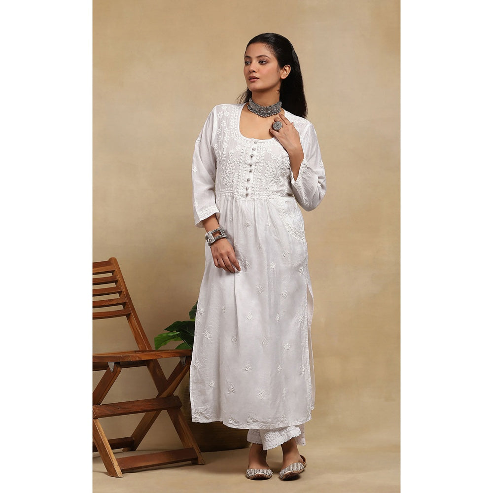 House of Chikankari Chanderi Chikankari Womens Long Kurta- White