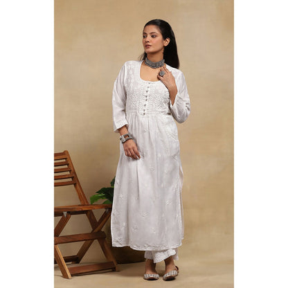 House of Chikankari Chanderi Chikankari Womens Long Kurta- White