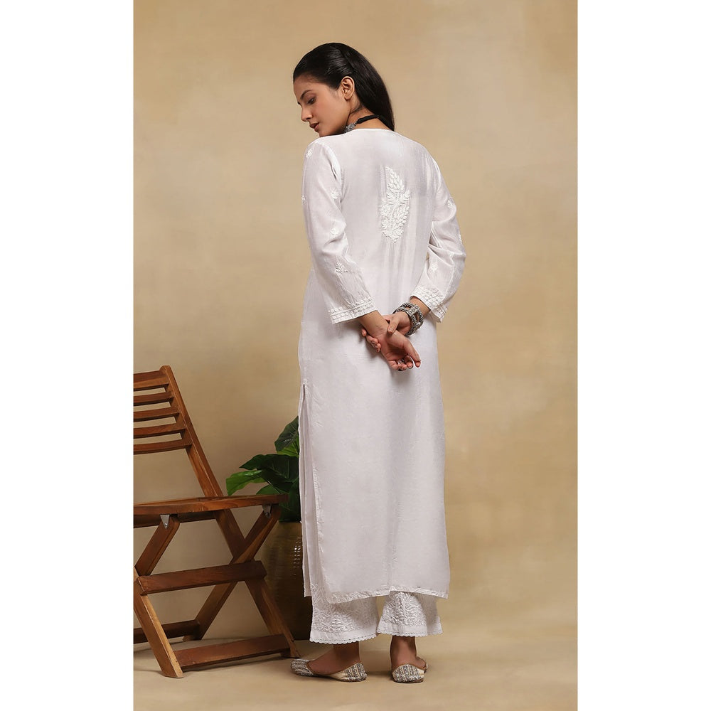 House of Chikankari Chanderi Chikankari Womens Long Kurta- White