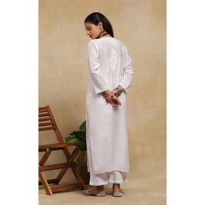 House of Chikankari Chanderi Chikankari Womens Long Kurta- White