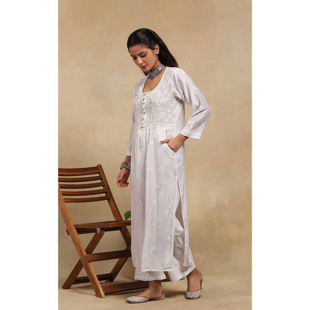 House of Chikankari Chanderi Chikankari Womens Long Kurta- White