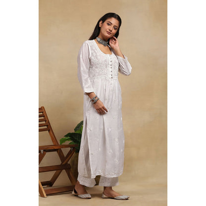 House of Chikankari Chanderi Chikankari Womens Long Kurta- White