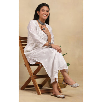 House of Chikankari Chanderi Chikankari Womens Long Kurta- White