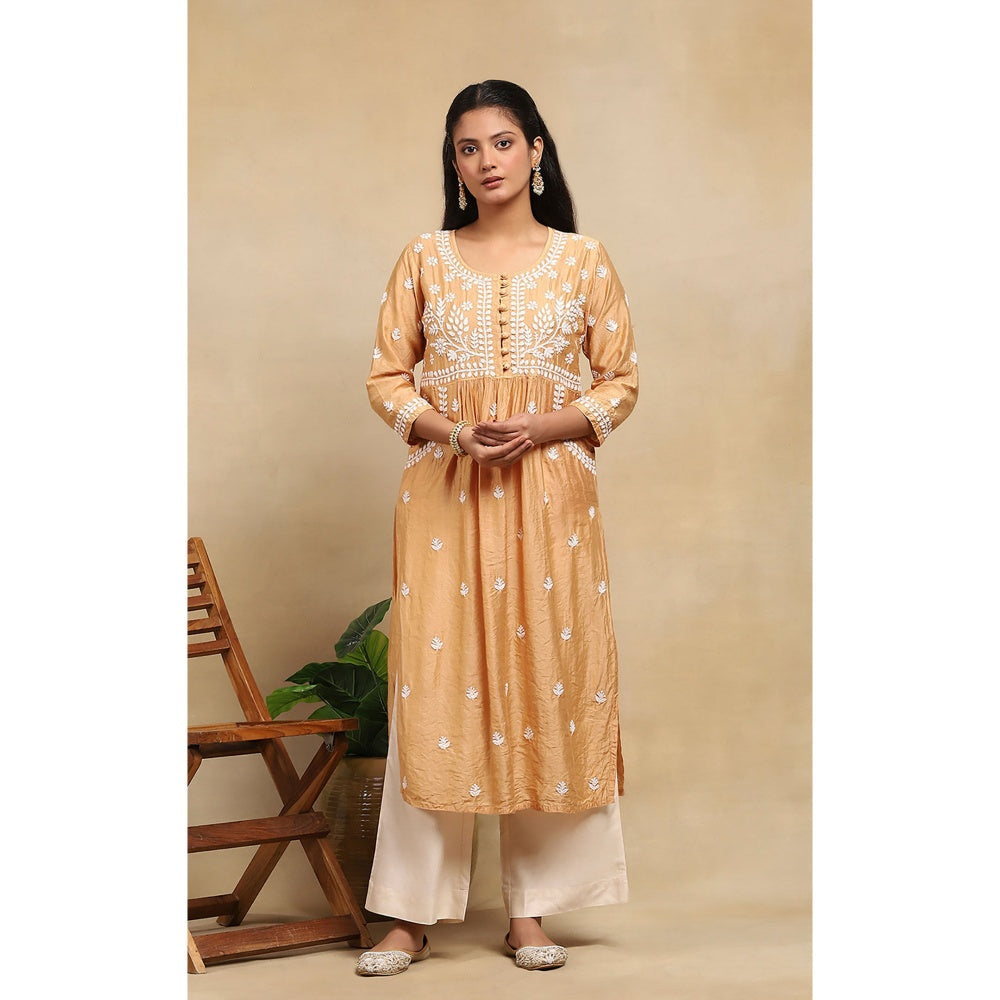 House of Chikankari Chanderi Chikankari Womens Long Kurta- Beige