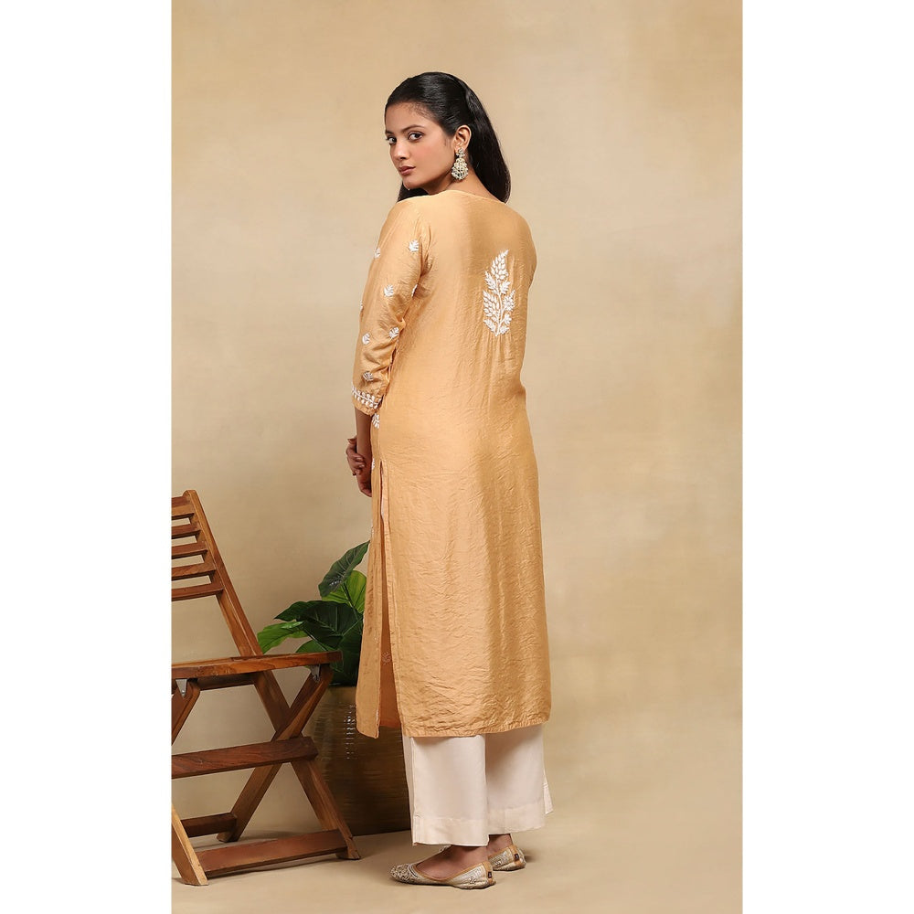 House of Chikankari Chanderi Chikankari Womens Long Kurta- Beige