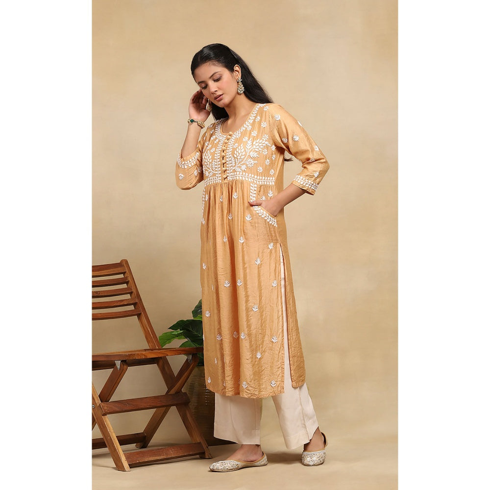 House of Chikankari Chanderi Chikankari Womens Long Kurta- Beige
