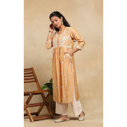 House of Chikankari Chanderi Chikankari Womens Long Kurta- Beige