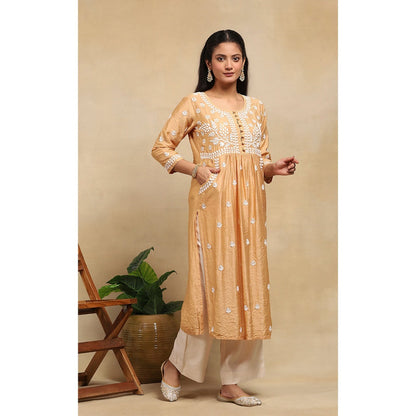 House of Chikankari Chanderi Chikankari Womens Long Kurta- Beige