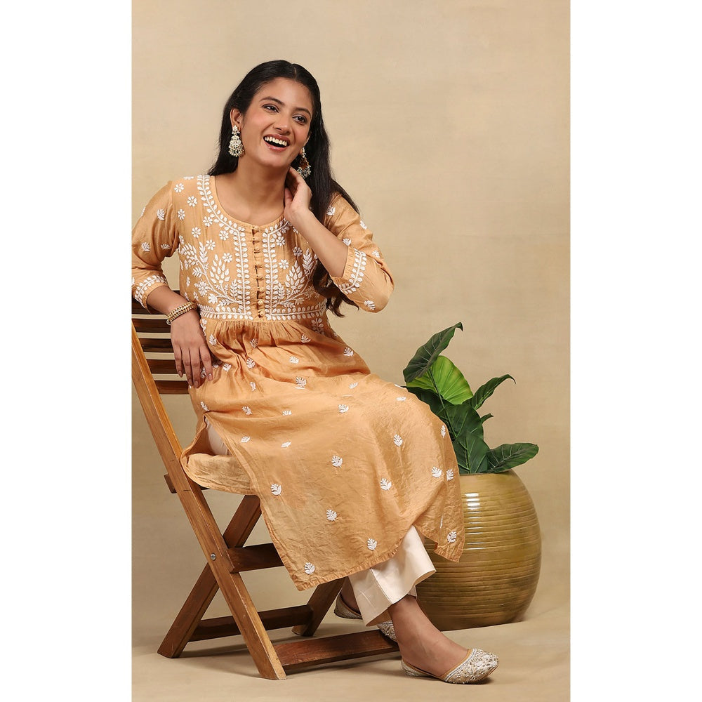 House of Chikankari Chanderi Chikankari Womens Long Kurta- Beige