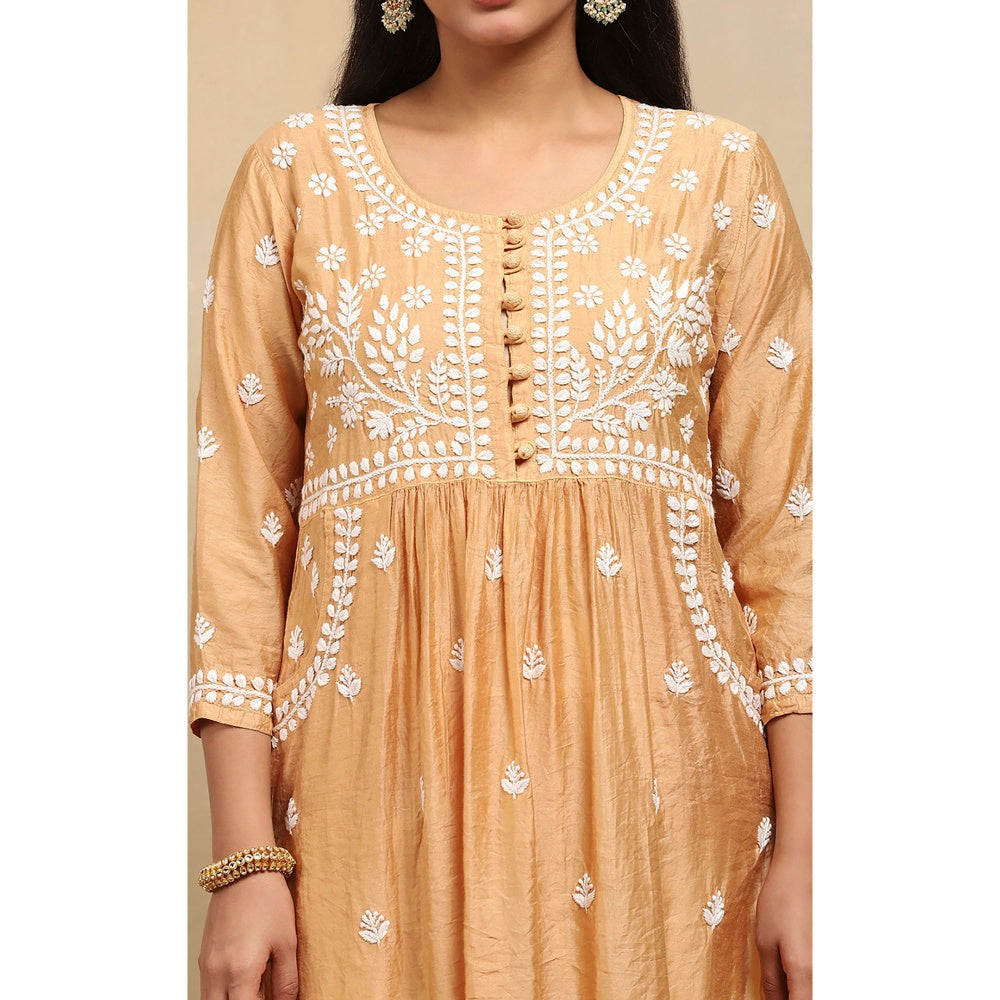 House of Chikankari Chanderi Chikankari Womens Long Kurta- Beige