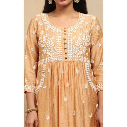 House of Chikankari Chanderi Chikankari Womens Long Kurta- Beige