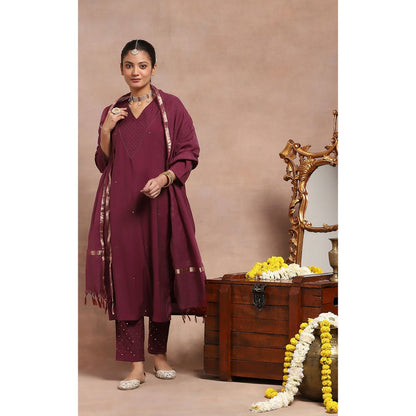 House of Chikankari Kamdaani Kurta Inner with Pant and Dupatta - Burgundy (Set of 4)