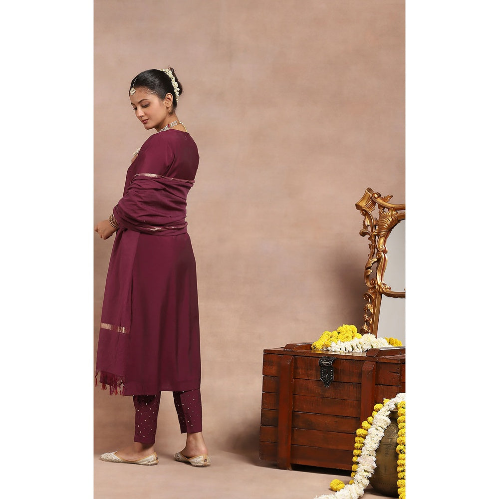 House of Chikankari Kamdaani Kurta Inner with Pant and Dupatta - Burgundy (Set of 4)