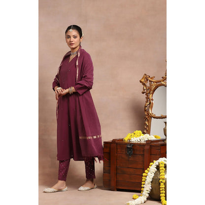 House of Chikankari Kamdaani Kurta Inner with Pant and Dupatta - Burgundy (Set of 4)