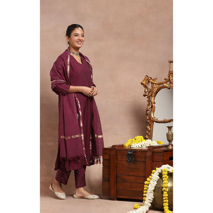 House of Chikankari Kamdaani Kurta Inner with Pant and Dupatta - Burgundy (Set of 4)