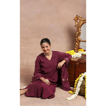 House of Chikankari Kamdaani Kurta Inner with Pant and Dupatta - Burgundy (Set of 4)